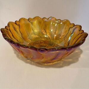 Vintage Indiana Glass “Wild Rose” Marigold Carnival Glass Bowl — 9"